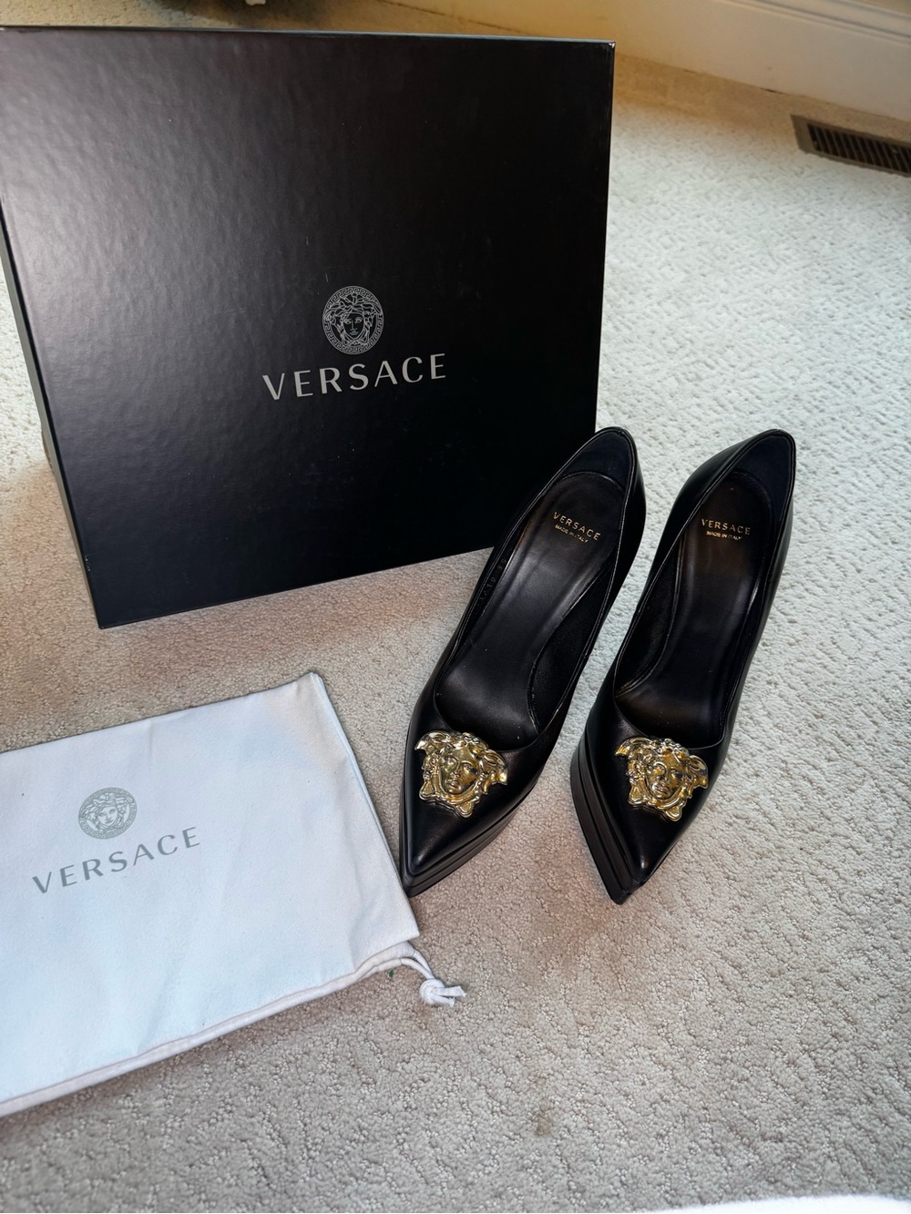 Versace Black Leather Pointed Pumps with Gold Medusa Size 6